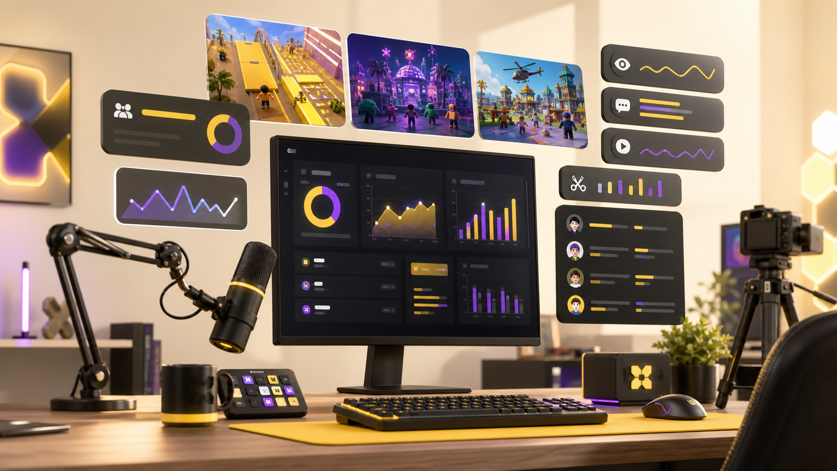Gaming creator analytics desk with abstract signal cards